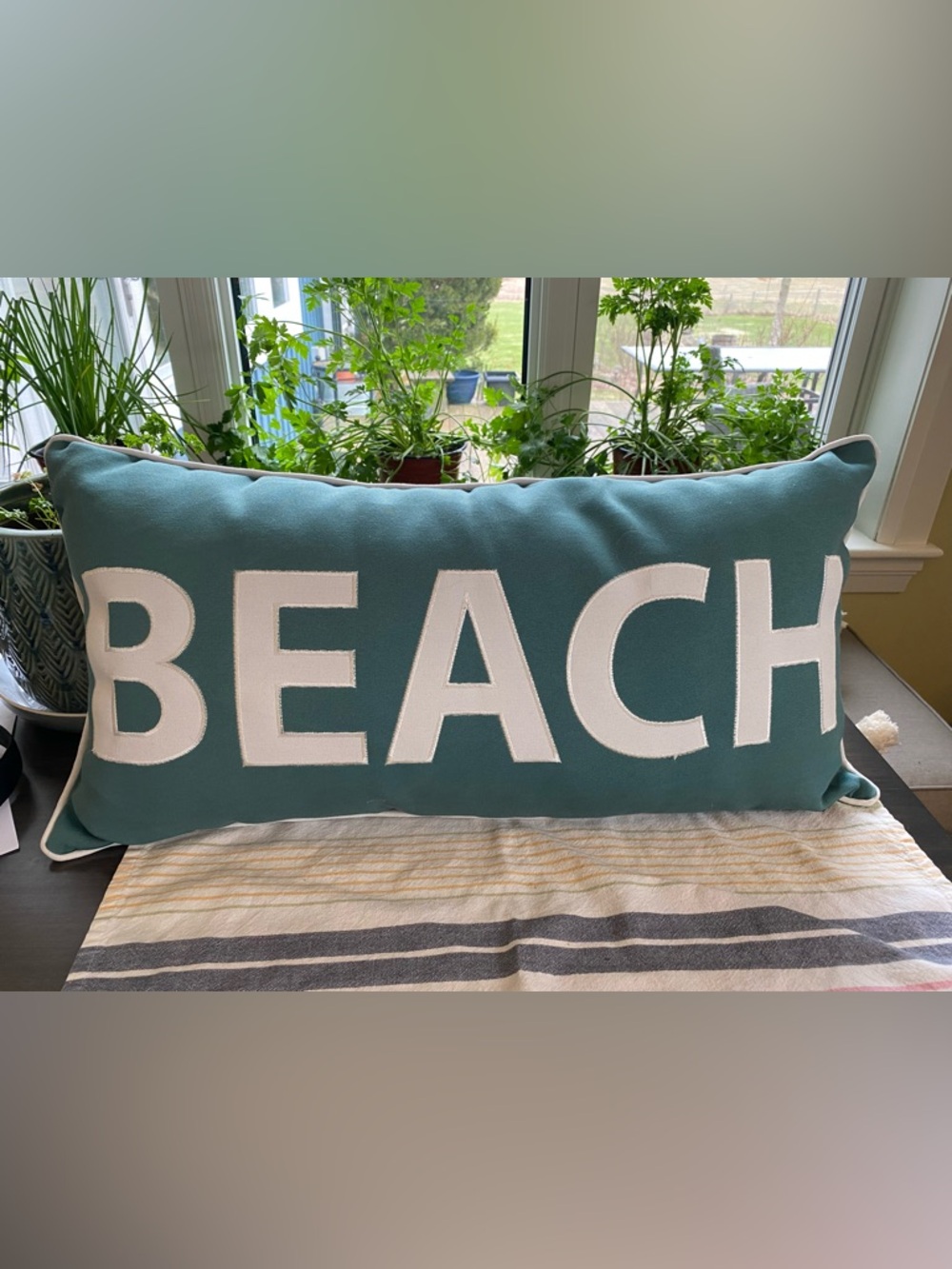 Coastal 'BEACH' Accent Pillow - Teal and White